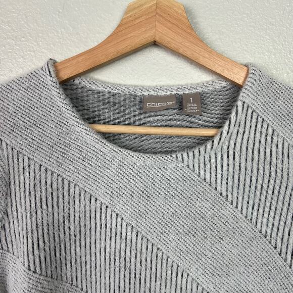 Chico's Diagonal Stripe White Black Fuzzy Soft 3/4 Sleeve Sweater Size 1-Medium - Picture 2 of 8